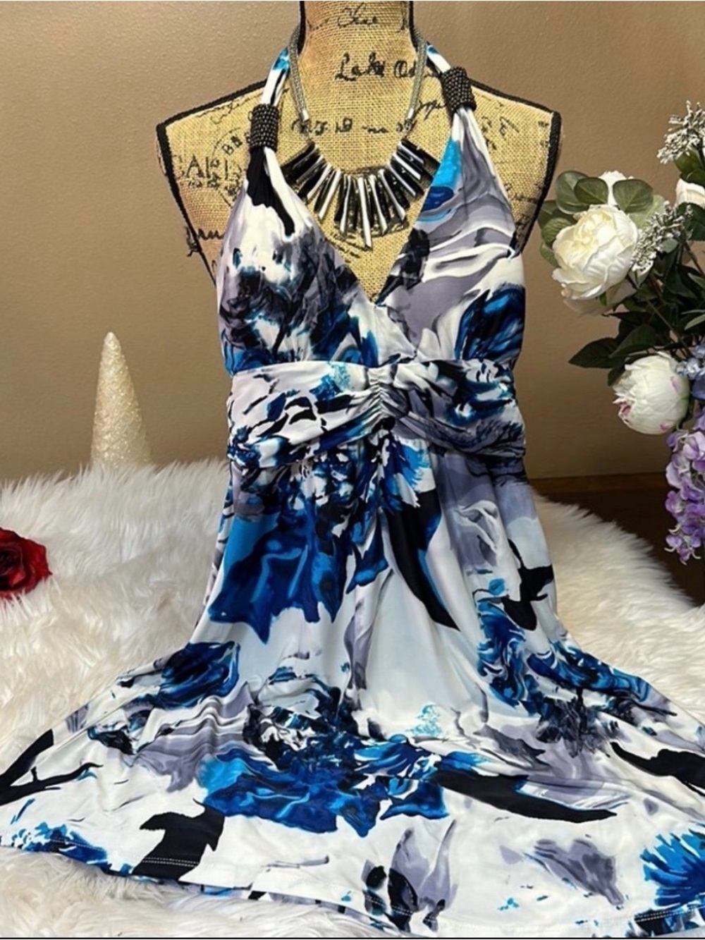 Blue Abstract Halter Women's Dress